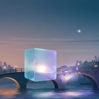 Glowing translucent block crossing Amsterdam-style canal bridges at dusk, with a bright star overhead