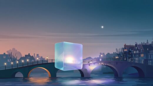 Glowing translucent block crossing Amsterdam-style canal bridges at dusk, with a bright star overhead
