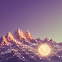 Alpenglow sunrise on jagged peaks, with glowing lines linking nodes on the slopes into a single bright seal