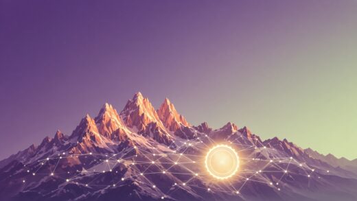 Alpenglow sunrise on jagged peaks, with glowing lines linking nodes on the slopes into a single bright seal