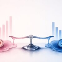 Abstract balance scale made of two liquid pools, each with its own glowing dial, against rising bar charts