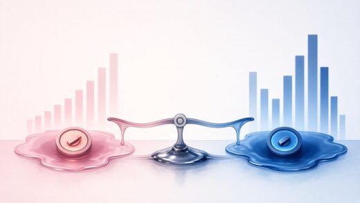 Abstract balance scale made of two liquid pools, each with its own glowing dial, against rising bar charts