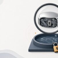 Magnifying glass over a generic coin, revealing hidden levers, locks, and a padlocked liquidity pool beneath it