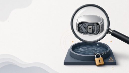 Magnifying glass over a generic coin, revealing hidden levers, locks, and a padlocked liquidity pool beneath it
