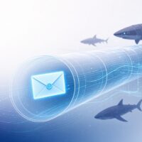 Sealed glowing envelope traveling through a private tunnel past shadowy robotic sharks toward a target marker