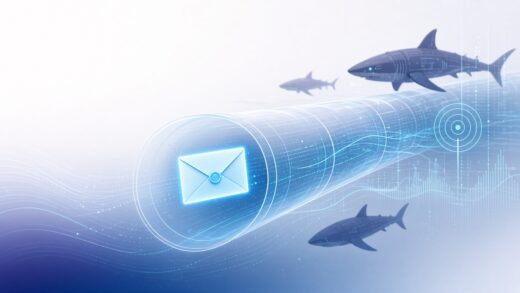 Sealed glowing envelope traveling through a private tunnel past shadowy robotic sharks toward a target marker